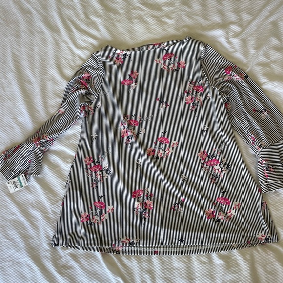 Charter Club Floral Striped Blouse with Red Floral Pattern And Bell Sleeves - Picture 10 of 11